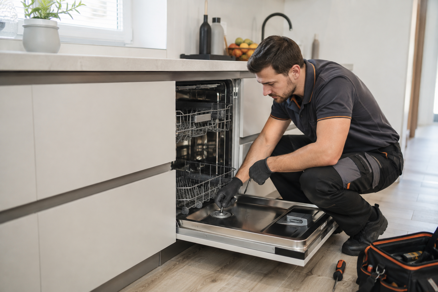 Technician repairing a built-in dishwasher in a bright kitchen