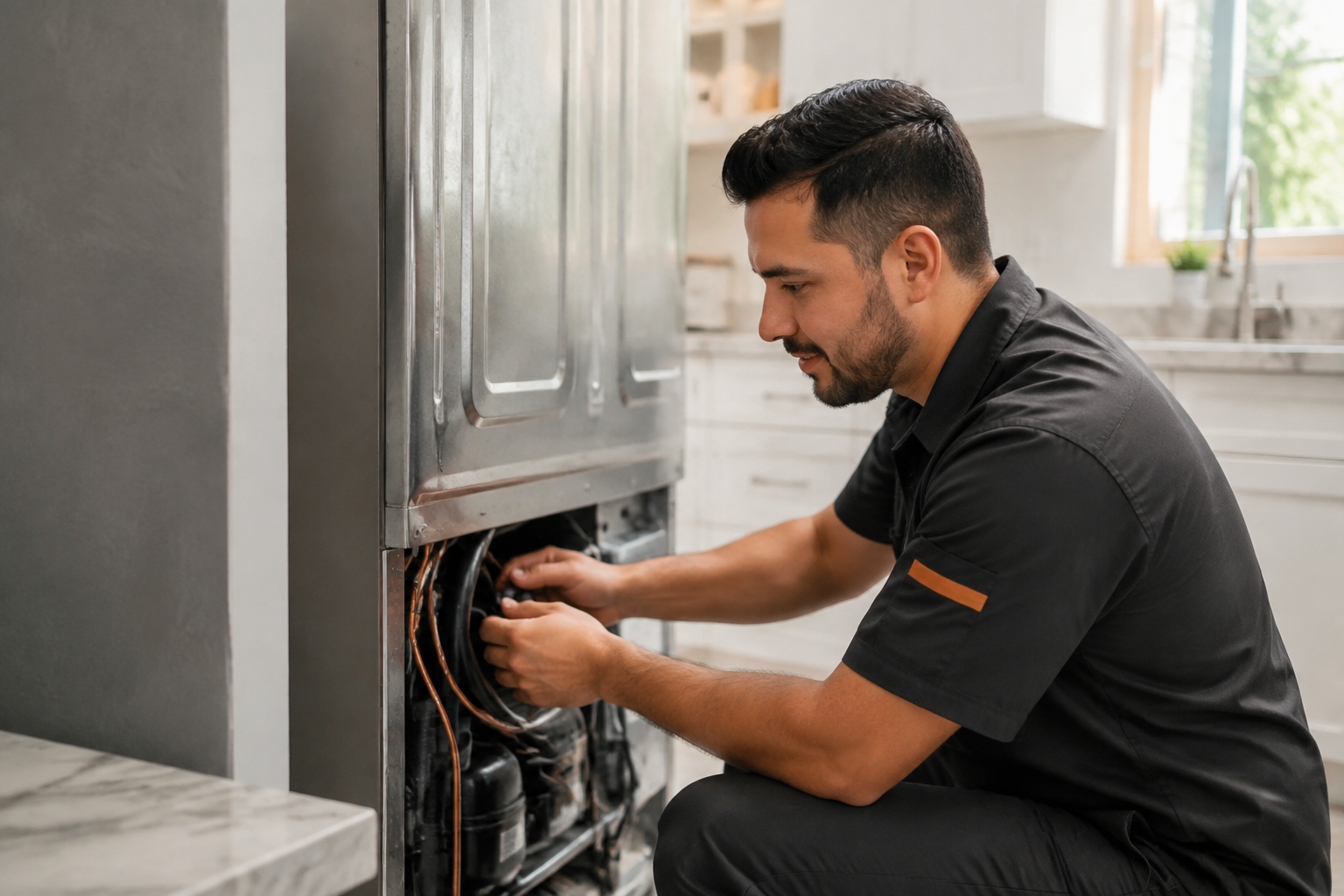 Appliance technician at work in a kitchen