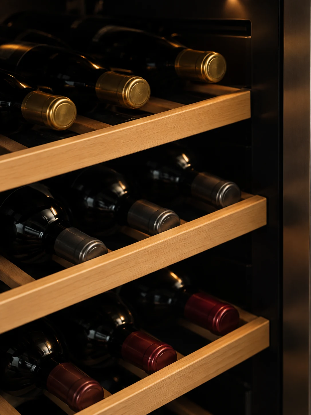 Wine bottles resting on wooden shelves inside a temperature-controlled wine cooler